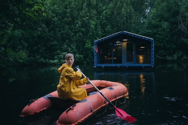 A floating log cabin